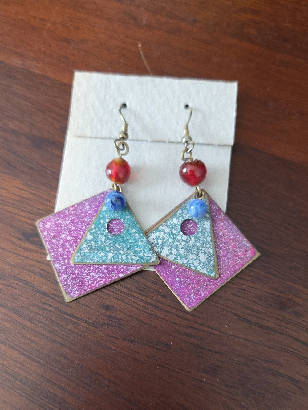 Sparkle Geometric Metal Shapes Drop Earrings - Pink & Teal